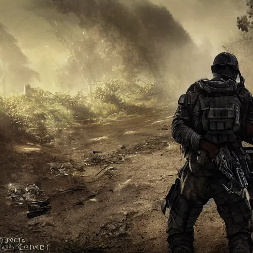 Prompt: Dying Mercenary Special Forces soldier in grey uniform with black armored vest crawling to shelter on the island of Tanoa 2020, combat photography by Feng Zhu, highly detailed, excellent composition, cinematic concept art, dramatic lighting, trending on ArtStation
