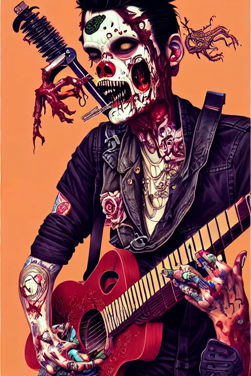 Image similar to zombie punk rocker playing acoustic guitar, tristan eaton, victo ngai, artgerm, rhads, ross draws, intricated details, 3 / 4 view, full body portrait