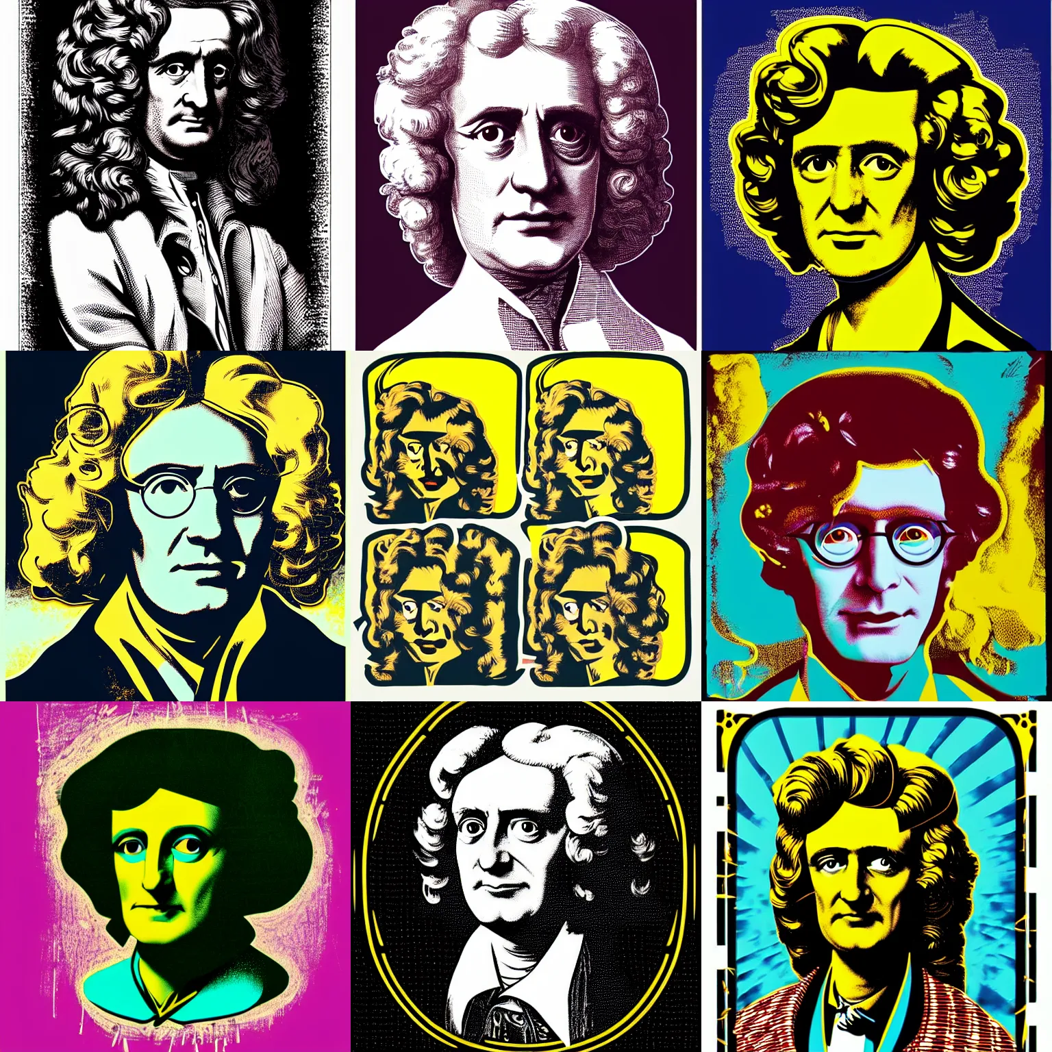 Prompt: isaac newton very big wig, baroque, sticker, silk screen print, vector, andy warhol style, illustration by butcher billy