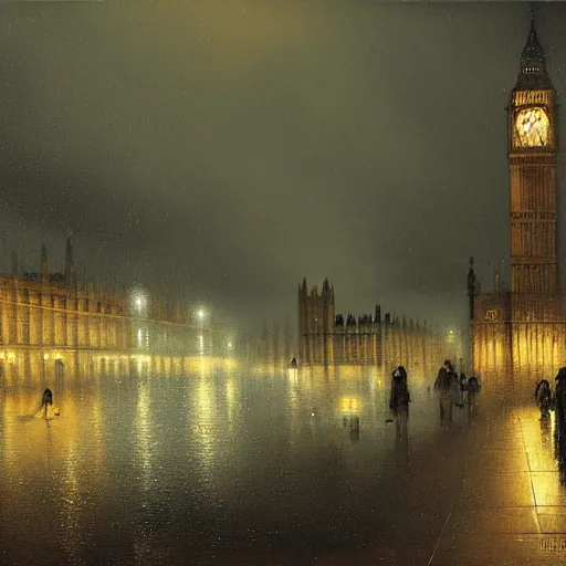 Prompt: a rainy night in London by Joseph Zbukvic