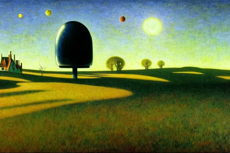 Image similar to realistic detailed landscape painting a single edward hopper house in a plain field, single ufo in the sky, futuristic sci-fi forest on background by Jean Delville, Amano, Yves Tanguy, Alphonse Mucha, Ernst Haeckel, Edward Robert Hughes, Roger Dean, rich moody colours, blue eyes