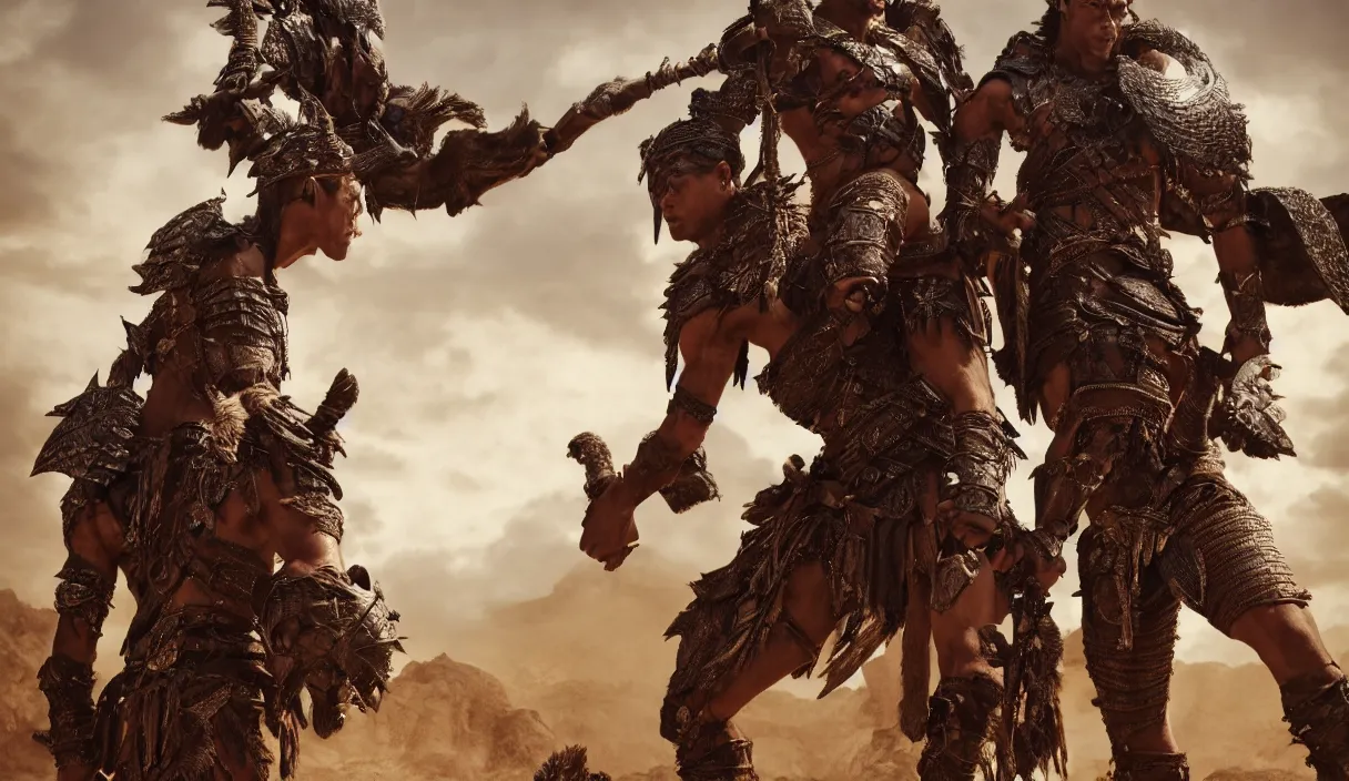 Image similar to distance photo of two ancient tribesman in armor from monster hunter holding futuristic weapons standing in front of attacking barbarian horde, handsome symmetrical faces, muscular bodies, dramatic lighting, cinematic, establishing shot, extremely high detail, photorealistic, 300 the movie,monster hunter the movie, monster hunter, cinematic lighting, artstation, octane render, western,old photo, vintage