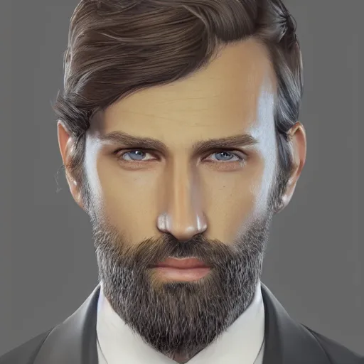 Image similar to a highly detailed portrait of a man, with a brown short beard and hair, blue eyes, wearing a tuxedo, artstation, deviantart, professional, unreal engine 5, photorealistic