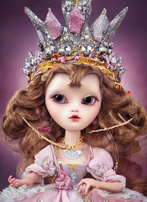 Image similar to closeup profile portrait of tin toy fairytale princess wearing a crown, depth of field, zeiss lens, detailed, symmetrical, centered, fashion photoshoot, by nicoletta ceccoli, mark ryden, lostfish, breathtaking, 8 k resolution, extremely detailed, beautiful, establishing shot, artistic, hyperrealistic, octane render