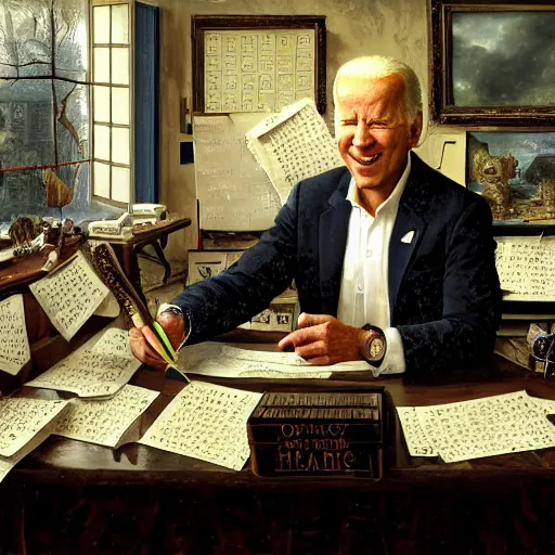 Prompt: joe biden as a mad alchemist and professor inventing complex and arcane high level math in his office crowded with paper and trinkets looking over his pile of math paper he has wild hair and goggles, hyper detailed, hyper realistic, extremely complex, hyper realistic, intricate classic art, insanely intricate, trending on art station, great works of the masters, art by rembrandt