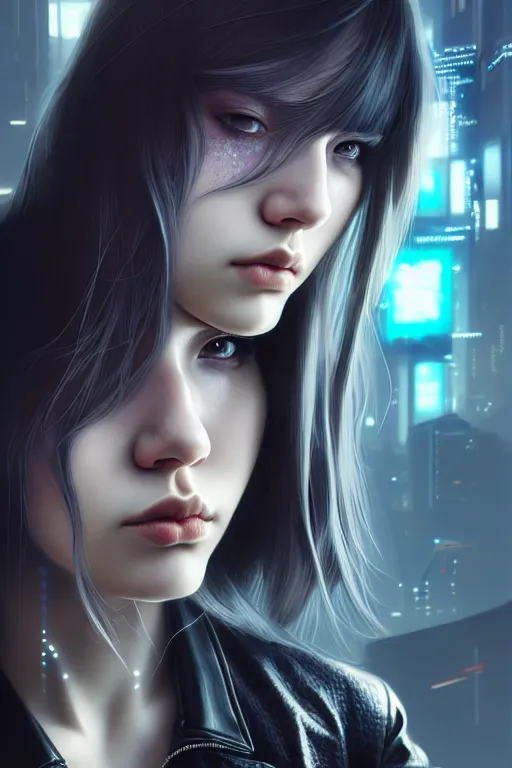 Image similar to hyperdetailed very close portrait of a european sixteen years old woman with grey eyes in a leather suit with a pin in a cyberpunk city inspired by ross tran and wlop and masamune shirow and kuvshinov, concept art, intricate, photorealistic, octane render, rtx, hdr, unreal engine, dnd digital art by artgerm