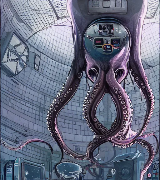 Image similar to a cybernetic realistic octopus in a space station, techwear, Industrial Scifi, detailed illustration, character portrait, graffiti style, by Martin Grip and Moebius