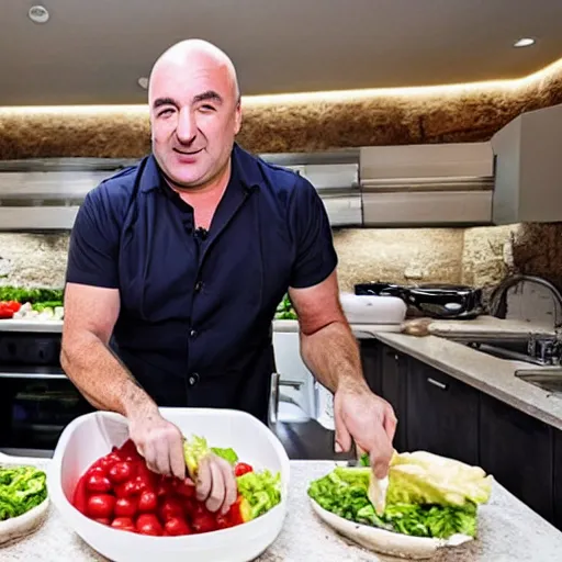 Image similar to Cook Chief Kevin O'Leary cooking a greek salad, in Shark Tank (2016)