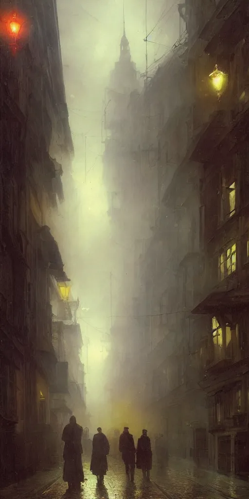 Prompt: a street of a city in 1 9 4 0 with yellow light on from the windows during the night, a men stand up under a light, mystical red fog, oil on canvas, art by andreas achenbach, clemens ascher, tom bagshaw and sabbas apterus,