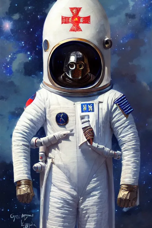 Image similar to knights templar in a space suit, painting by greg rutkowski, j. c. leyendecker, artgerm