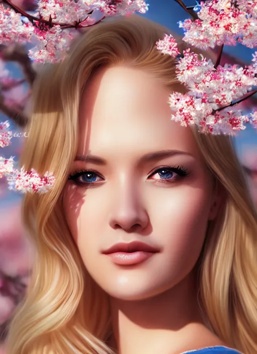 Image similar to photo of a gorgeous blonde female in the style of stefan kostic, realistic, half body shot, sharp focus, 8 k high definition, insanely detailed, intricate, elegant, art by stanley lau and artgerm, extreme blur cherry blossoms background