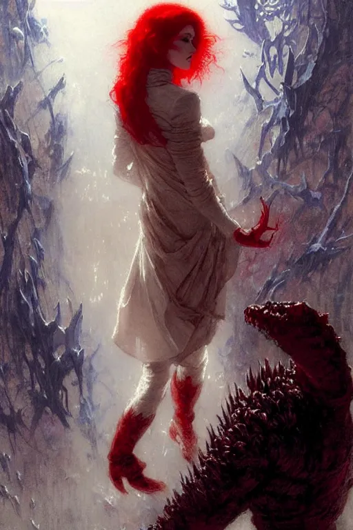 Image similar to beautiful vampire with red eyes and long red hair in a white woolen turtleneck dress, pointing at a small blue godzilla portrait dnd, painting by gaston bussiere, craig mullins, greg rutkowski, yoji shinkawa