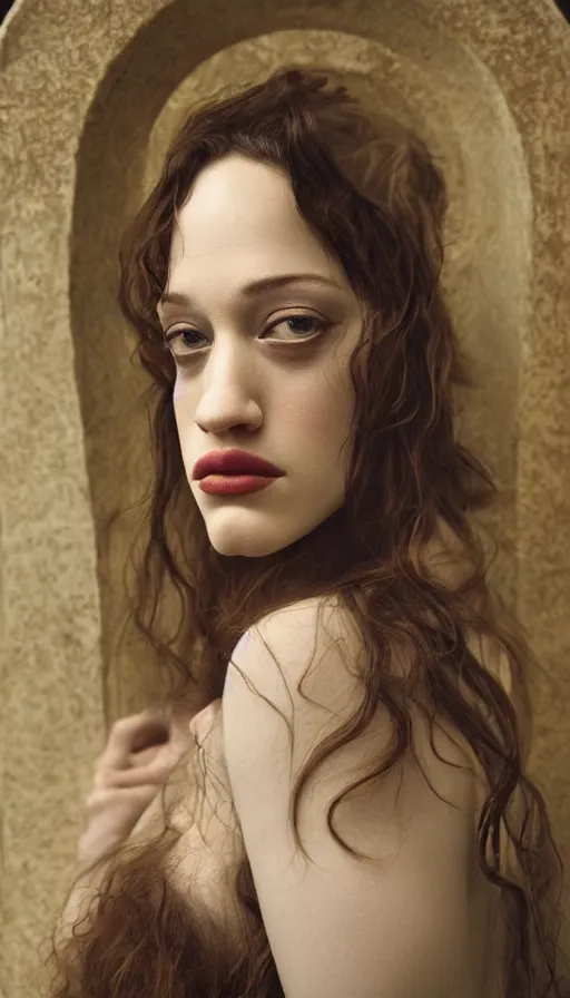 Prompt: stunning portrait of featuring Kat Dennings as an ancient babylonian priestess, by Monia Merlo