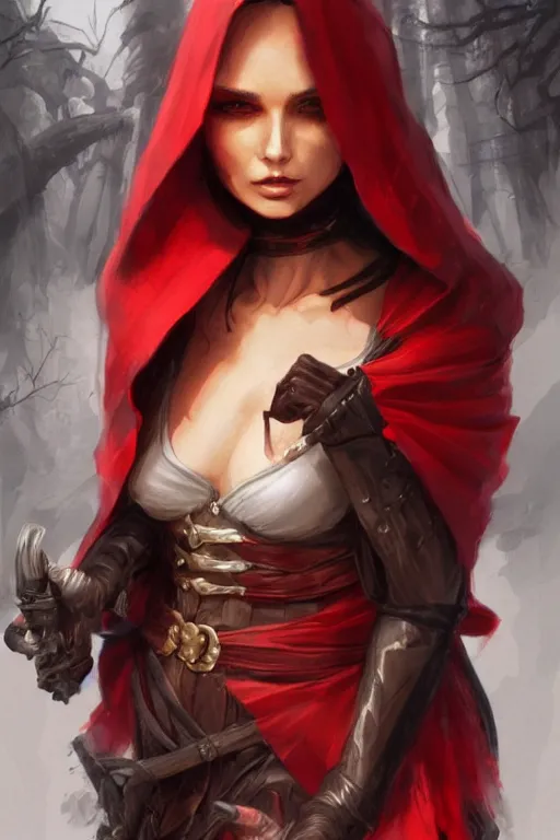 Prompt: thief red riding hood, d & d, fantasy, portrait, highly detailed, headshot, digital painting, trending on artstation, concept art, sharp focus, illustration, art by artgerm and greg rutkowski and magali villeneuve