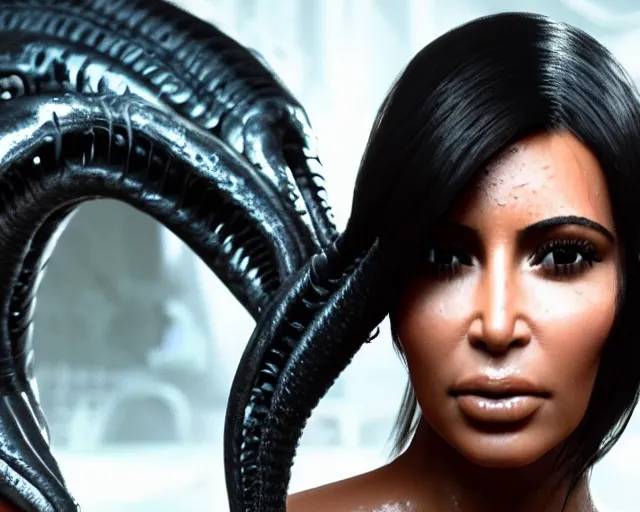 Prompt: film still of kim kardashian being fed by an xenomorph slathered in a transparent alien liquid, wet flowing hair, gooey skin, illustration, unreal engine 5, 8 k, directed by h. r. giger.