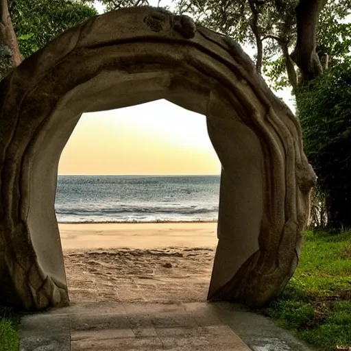 Prompt: a photo of a magical portal in the middle of a city that leads to a beach, through the portal you can see a beach