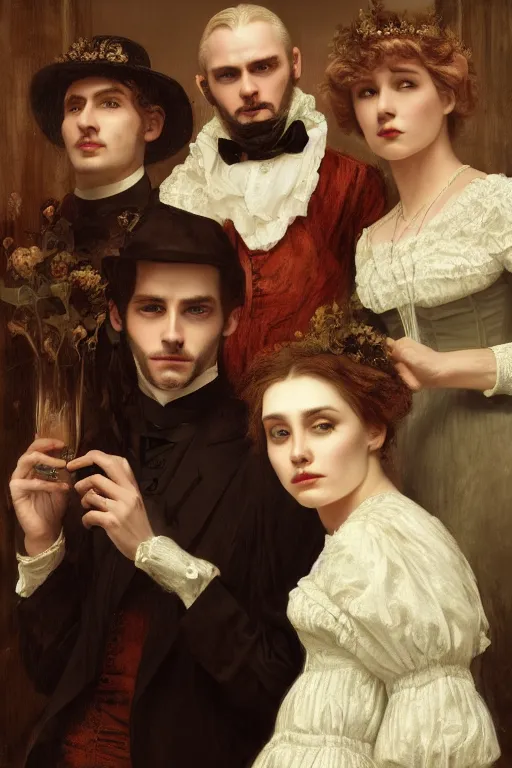 Prompt: a portrait of beautiful and handsome male Satan and his elegant beautiful wives, white eyes, bored, Dressed in Victorian fashions, illustration, soft lighting, soft details, painting oil on canvas, octane render, HDR, 4k, 8k, HD, by Edmund Blair Leighton, Brom, Charlie Bowater, trending on artstation,