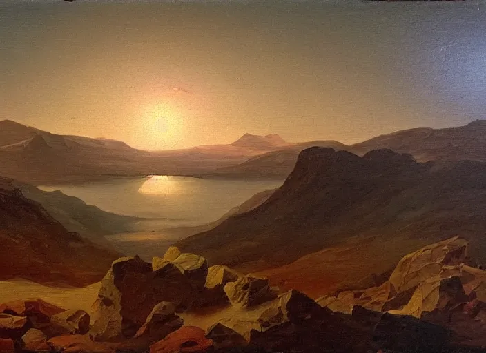 Image similar to mount olympus, mars in the style of hudson river school of art, oil on canvas