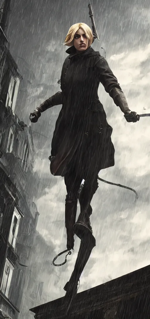 Image similar to annie leonhart as emily from dishonored in dunwall city running on a roof, redshift render, cinematic lighting, rainy weather, melancholy atmosphere, dunwall city, volumetric light, octane render, dishonored game, dishonored 1, gothic architecture, realistic reflections, octane render 8 k