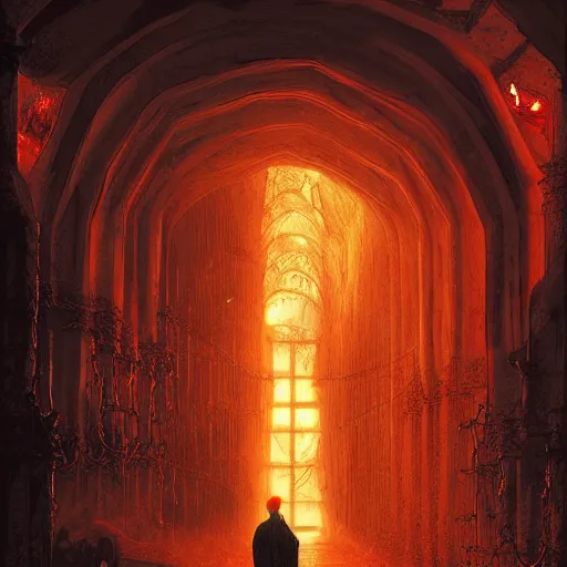 Prompt: Dante Alighieri and the poet Virgil walking through the gates of hell, by Marc Simonetti