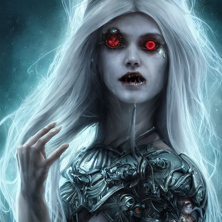 Image similar to beautiful cinematic fantasy poster, sci-fi, semi-transparent, beautiful female zombie with brilliant silver flowing hair and a brilliant jeweled silver helm, beautiful white glowing eyes, wideshot ultrawide angle epic scale, hybrid from The Elden Ring and art direction by Darius Zawadzki ;by artgerm; wayne reynolds art station; cinematic quality character render; low angle; ultra high quality model; production quality cinema model;