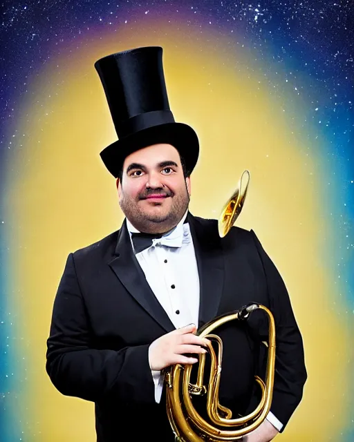 Image similar to studio portrait of ian karmel wearing a top hat, playing a french horn, with a space background