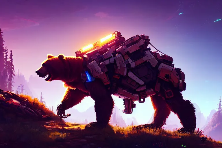 Prompt: bear - tank machine mecanical creature robot of horizon forbidden west horizon zero dawn radiating a glowing aura global illumination ray tracing hdr fanart arstation by ian pesty and alena aenami artworks in 4 k