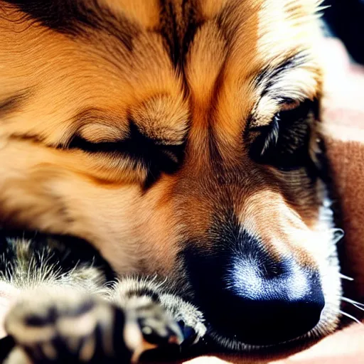 Prompt: german shepherd sleeping in arms with a kitten