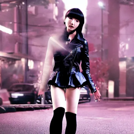 Image similar to a dynamic, epic cinematic 8K HD movie shot of a japanese young J-Pop idol girl wearing leather jacket, miniskirt, nylon tights and high heels boots. Motion, VFX, Inspirational arthouse