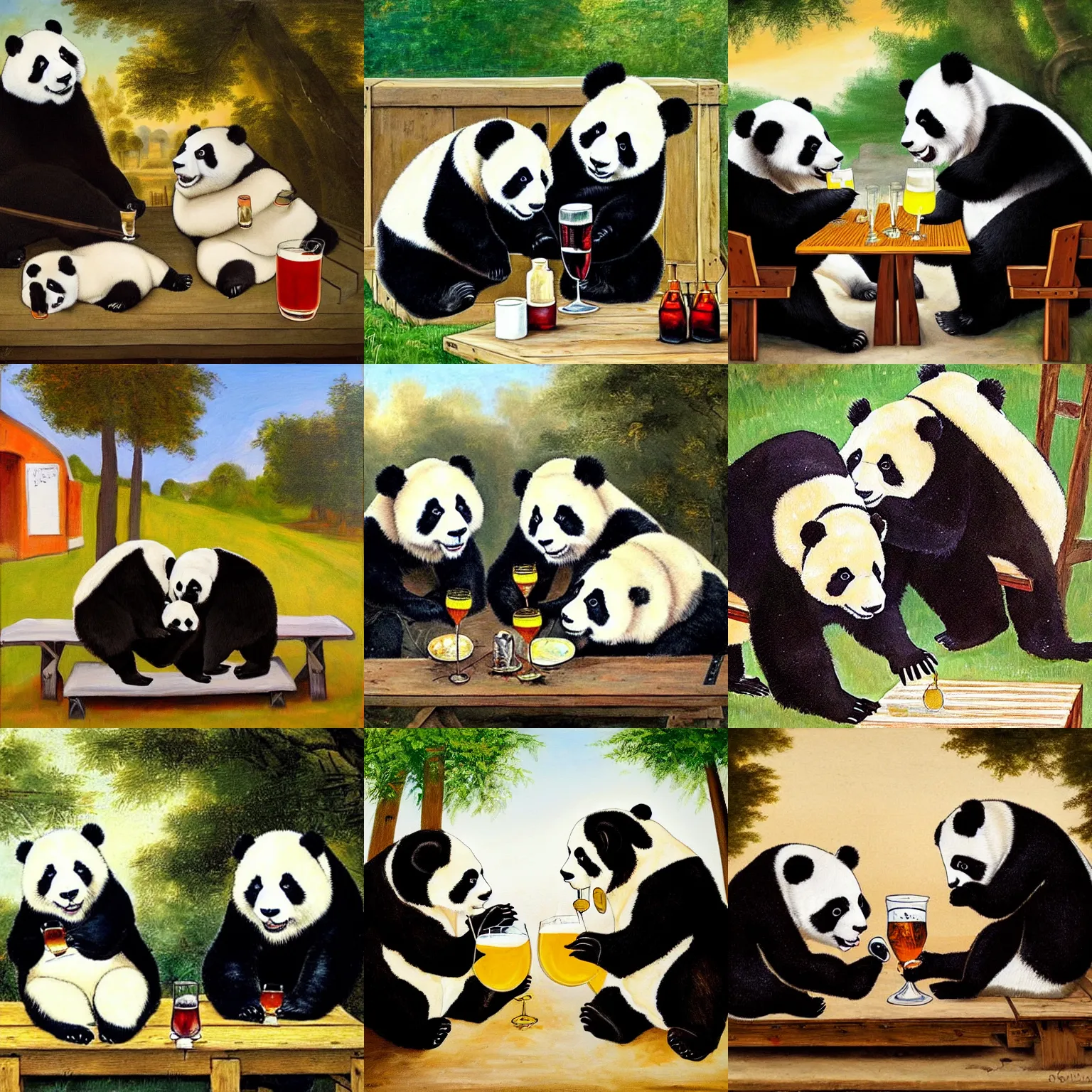 Prompt: Painting of two pandas drinking a Belgian trappist outside in the sun at a picnic table in the style of Rembrandt