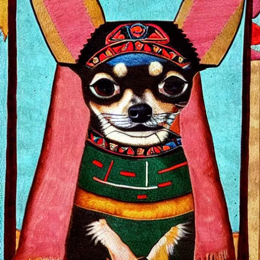 Image similar to portrait of a chihuahua as aztec emperor, aztec painting 1 3 0 0