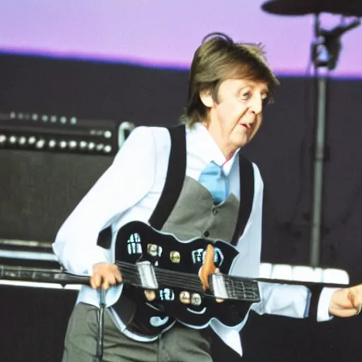 Prompt: a photo from behind paul mccartney playing minecraft