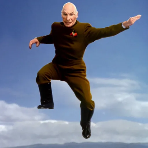 Prompt: Captain Picard jumping from the enterprise