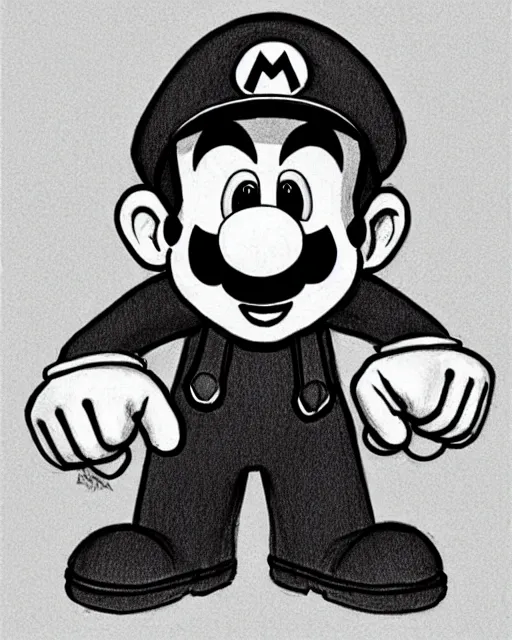 Image similar to super mario on the stand, court room sketch, fine details, concept art, extremely detailed, black and white, very sharp, in the style of elizabeth williams