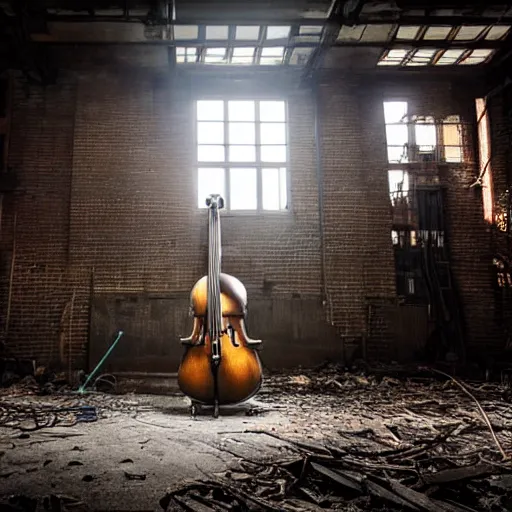 Image similar to abandoned steampunk factory with a Lonely cello, cinematic light,