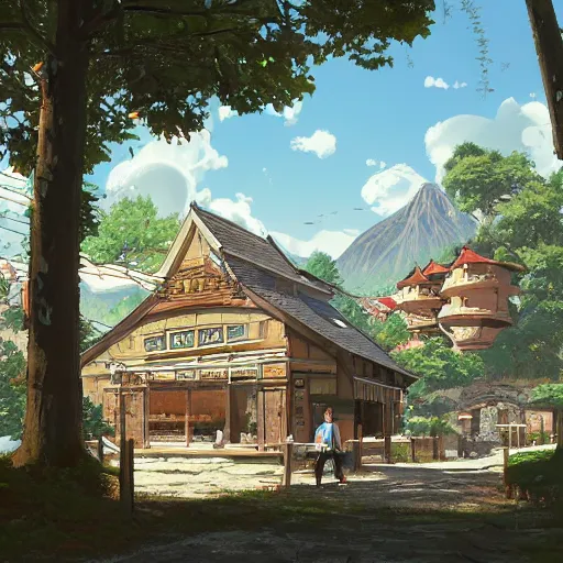 Image similar to concept art painting of a historic bakery with european and japanese architecture, in a woodland village surrounded by trees and mountains, realistic, detailed, cel shaded, in the style of makoto shinkai and greg rutkowski and james gurney