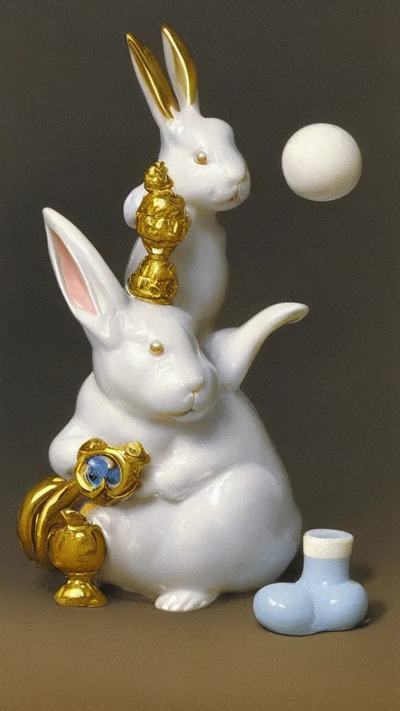 Image similar to a porcelain blue rabbit with a golden details have a japanese pipe painted by john singer sargent