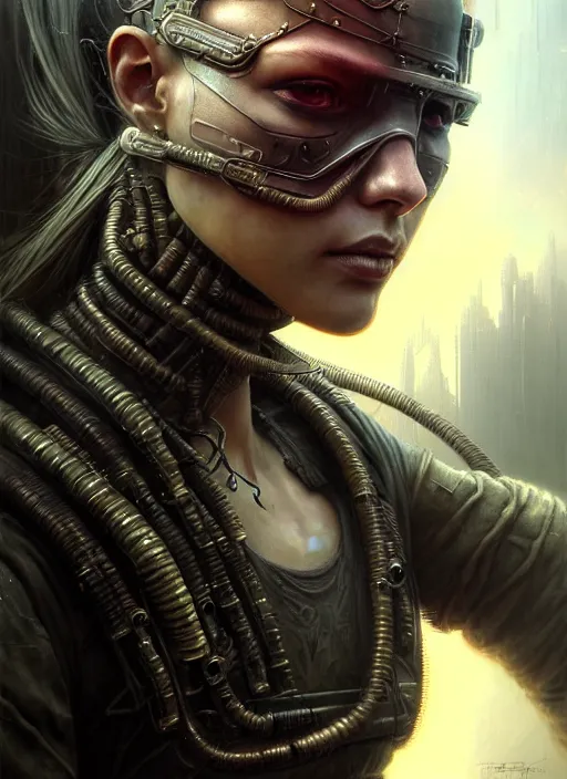 Image similar to closeup portrait shot of a cyberpunk warrior in a scenic dystopian environment, intricate, elegant, highly detailed, centered, digital painting, artstation, concept art, smooth, sharp focus, illustration, artgerm, tomasz alen kopera, peter mohrbacher, donato giancola, joseph christian leyendecker, wlop, boris vallejo