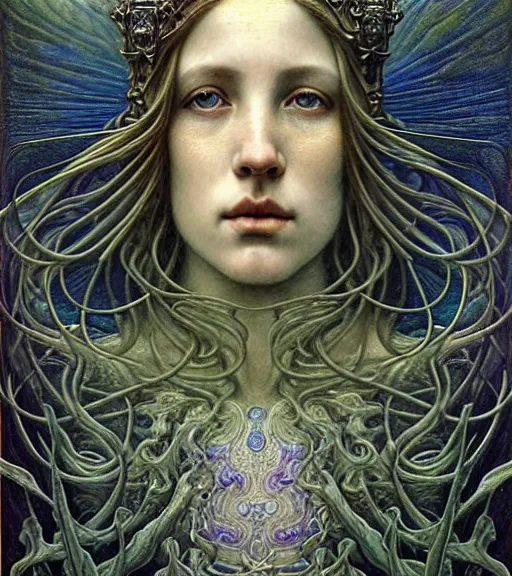 Image similar to detailed realistic beautiful young medieval queen of the andromeda galaxy face portrait by jean delville, gustave dore and marco mazzoni, art nouveau, symbolist, visionary, gothic, pre - raphaelite. horizontal symmetry by zdzisław beksinski, iris van herpen, raymond swanland and alphonse mucha. highly detailed, hyper - real, beautiful