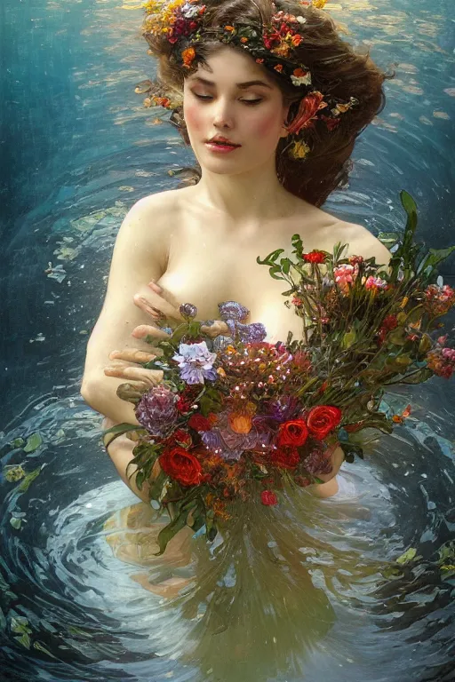 Image similar to portrait of a beautiful mysterious woman holding a bouquet of flowing flowers, hands hidden under the bouquet, lying half submerged in a pool of water, fantasy, regal, intricate, by stanley artgerm lau, greg rutkowski, thomas kindkade, alphonse mucha, loish, norman rockwell