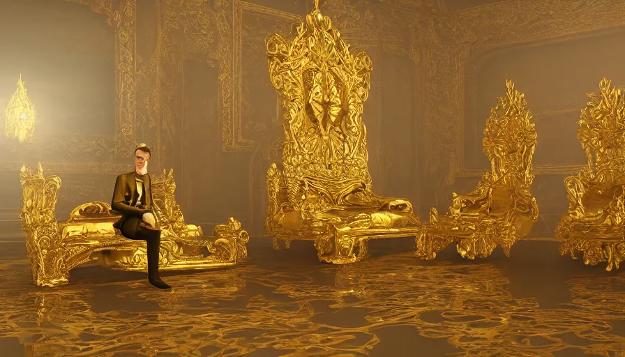Prompt: highly detailed portrait of a lonely thin man sitting alone on a golden throne, unreal engine, fantasy art by monet