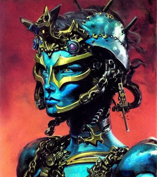 Image similar to portrait of strong female chaos angel, beautiful! coherent! by frank frazetta, by brom, strong line, vivid neon color, spiked scrap metal armor, iron helm maximalist