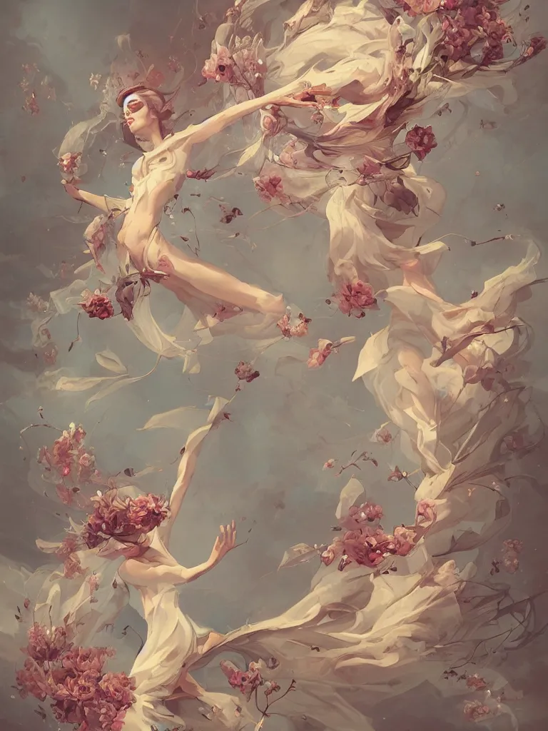 Prompt: a flying body covered in flowers in a dynamic pose, in the style of peter mohrbacher, highly detailed, soft lighting, art nouveau patterns, trending on artstation