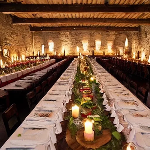 Image similar to feast for hundreds of people. candles, warm ambient light, hogwarts, beautiful, stone walls, hot food, delicious, steaming food on plates, gluttony