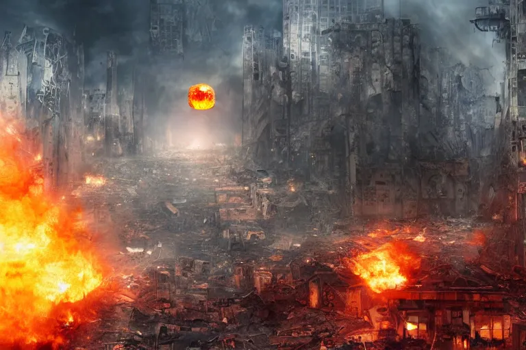 Image similar to Singular Cybernetic Robotic Fire Orb Floating above a destroyed city street, fantasy, photorealistic, metropolis, holographic, hologram