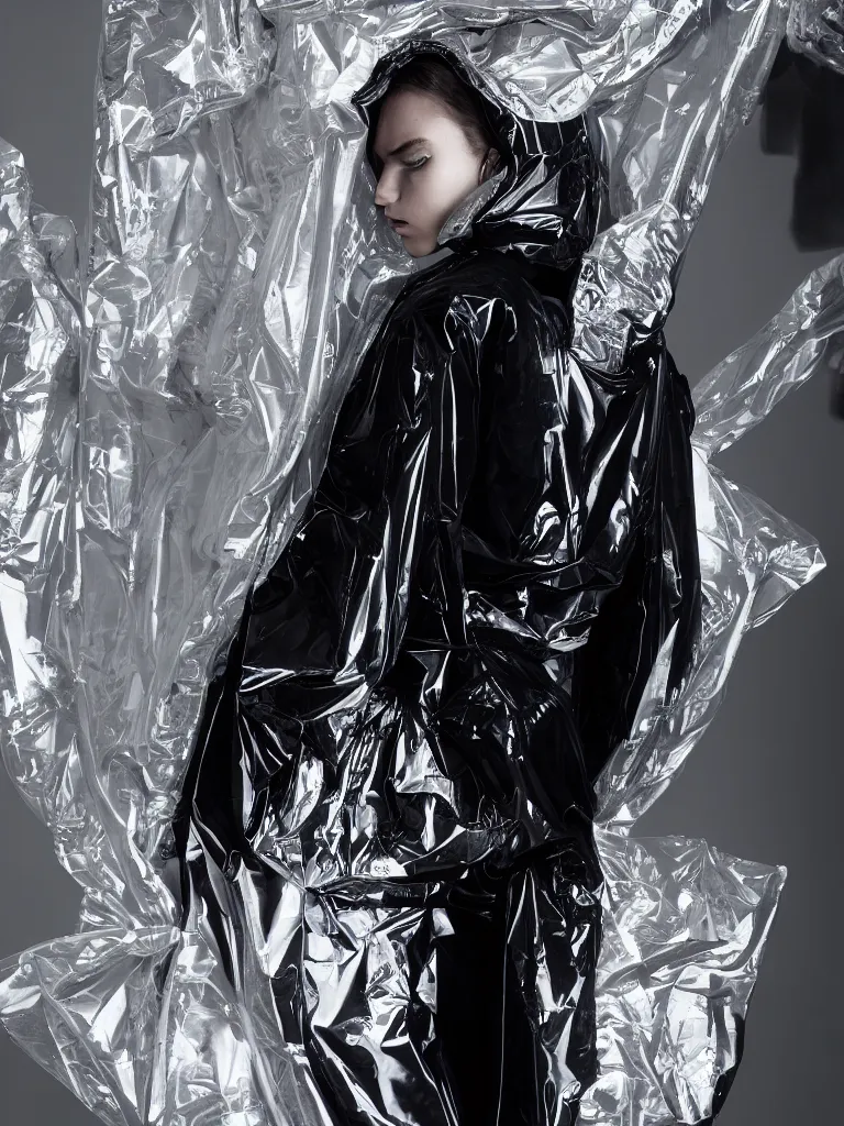 Image similar to photograph of a fashion model wearing black balenciaga hooded jacket, looking away from camera, covered in plastic, 4K,