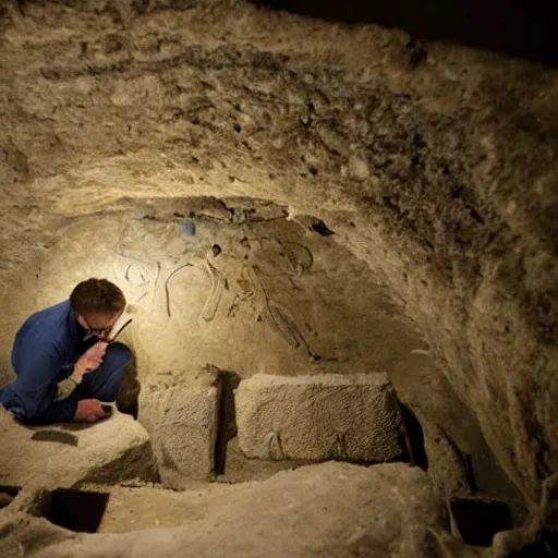 Image similar to an archeologist explores an ancient tomb that may be cursed, realistic