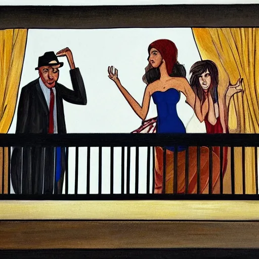 Image similar to painting of a rich man and woman sitting on the balcony of an apartment building in nyc watching the people below as they run away from zombies