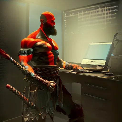 Prompt: a desk in an office cubicle, dark room lit by the computer monitor, Kratos the God of War sits at the desk wearing a computer headset, realistic photo, 4k render