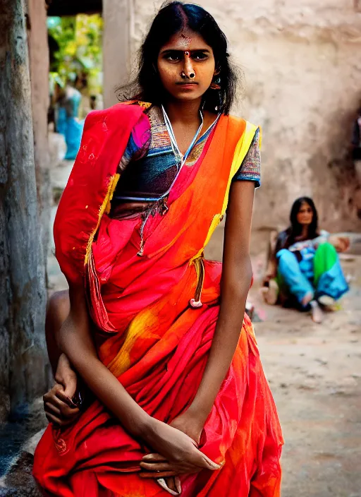 Image similar to color portrait Mid-shot of an beautiful 20-year-old Indian woman, street portrait in the style of Steve McCurry award winning